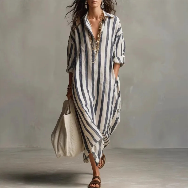 Casual Loose Linen Shirt Dress - Vestido Longo de Linho Elegante com