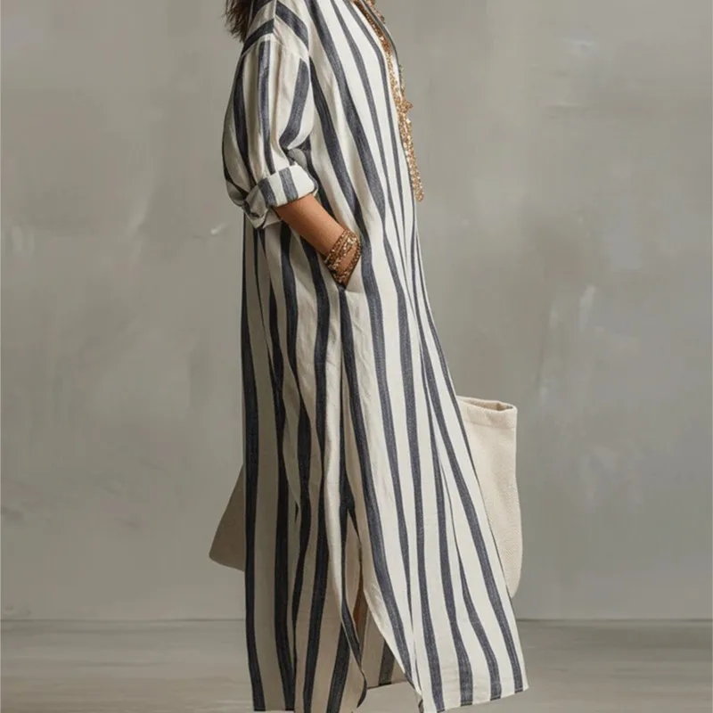 Vestido Longo de Linho Elegant - Casual Loose Linen Shirt Dress avaliação e preço